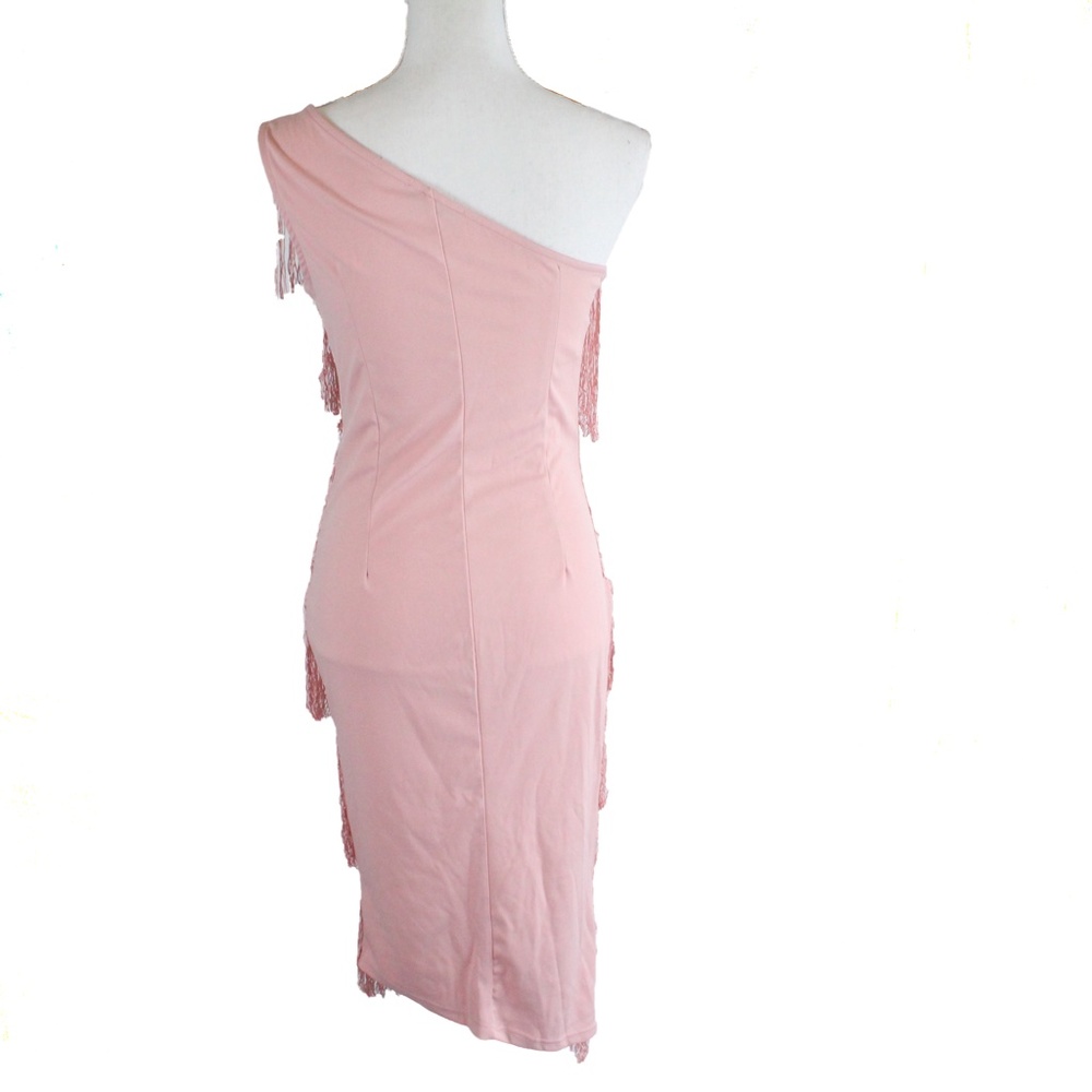 One Shoulder Tiered Fringe Bodycon Dress Pink - Picture 7 of 8